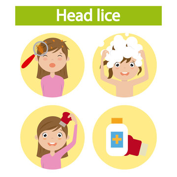 girl with lice. step by step how to remove lice