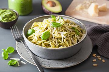 spaghetti pasta with avocado basil pesto sauce