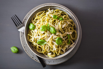 spaghetti pasta with avocado basil pesto sauce