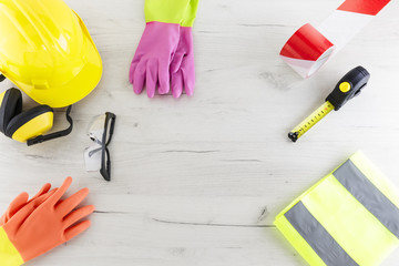 Construction Tools and Safety Wear Flat Lay With Copy Space