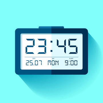 Digital Clock icon in flat style, timer on blue background. 23:45. Simple watch. Vector design element for you business projects