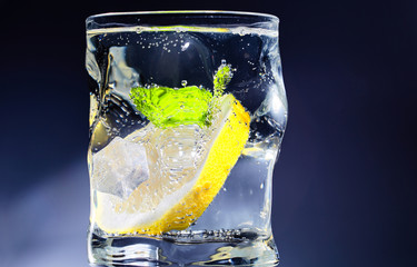 A slice of lemon and mint in a glass of water.