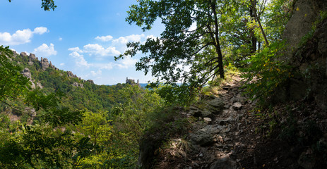 Fototapeta na wymiar Vogelbergsteigpanorama mit Ruine Dürnstein