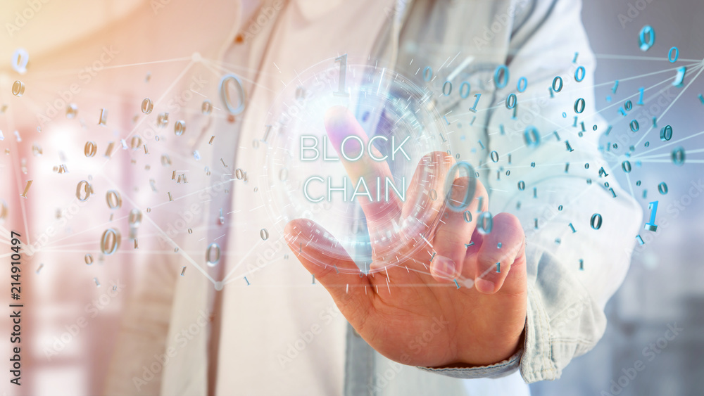 Poster blockchain title with 0 and 1 data flying over