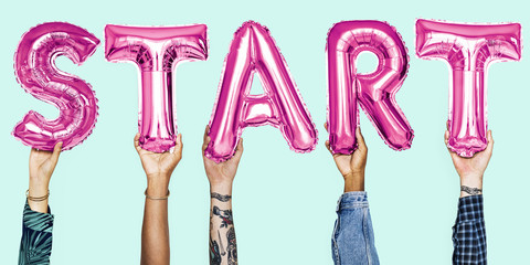 Hands holding start word balloon