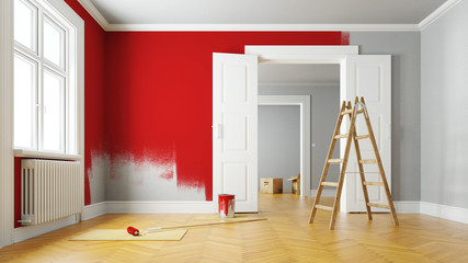Wand rot streichen bei Renovierung im Raum - obrazy, fototapety, plakaty