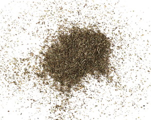 Pile of dried oregano leaves isolated on white background, top view