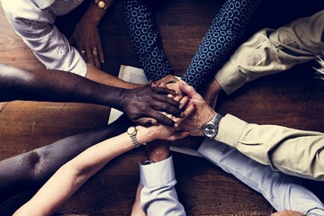 Support diverse hands together teamwork aerial view - obrazy, fototapety, plakaty