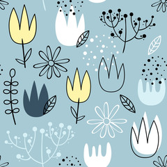 Vector seamless pattern with flowers. Scandinavian style. Cute floral print