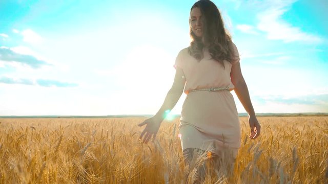 girl is walking along the wheat field nature slow motion video. Beautiful girl in white dress running nature freedom happiness hands to the side on field lifestyle at sunset light and the blue sky