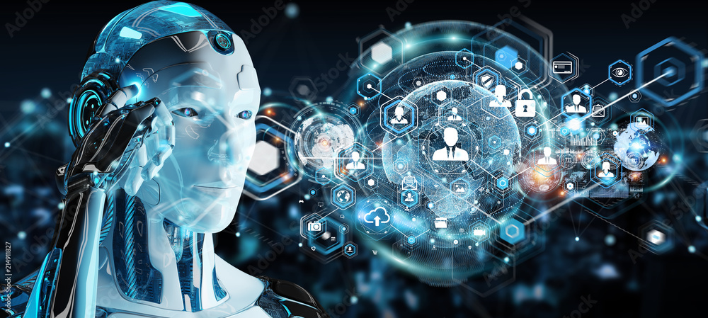 Fototapete white male robot using digital screen interface 3d rendering