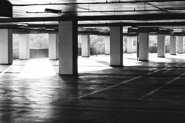 Black and white shot of parking garage