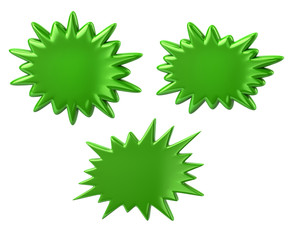 Three green starburst speech bubbles 3d illustration on white background