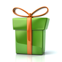 Green gift box with golden ribbon and bow 3d illustration on white background