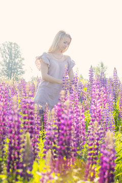 woman collects bouquet of lupines on the field