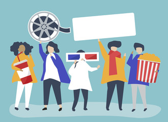 Characters of people holding movie icons illustration