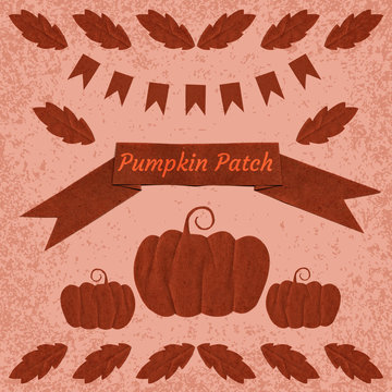 Pumpkin patch. Harvest Festival. Hand paper cut elements. Poster, banner, invitation. Pumpkin, leaves, checkboxes, ribbon with text Grunge background