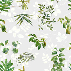 Watercolor painting of leaf and flowers, seamless pattern on white background