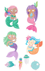 Cartoon colorful mermaids set with fish and jellyfish