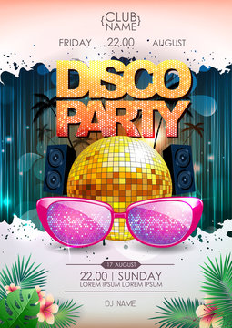 Disco background. Disco ball summer party poster