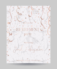 Retirement party invitation. Design template with confetti and serpentine on white marble background. Vector illustration