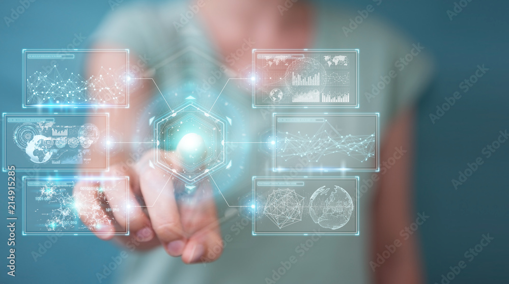 Aufkleber businesswoman using digital screens interface with holograms datas 3d rendering