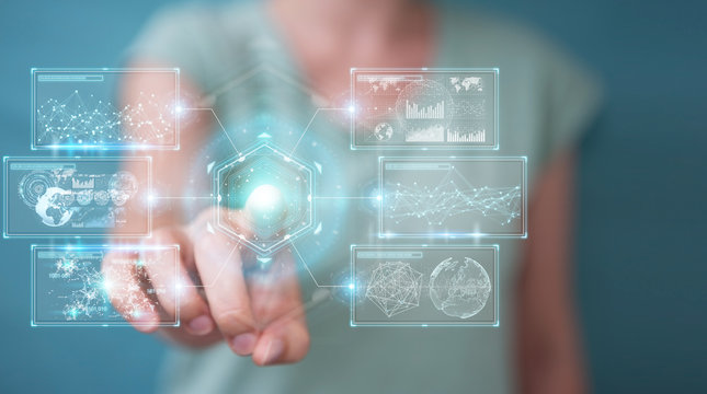 Businesswoman using digital screens interface with holograms datas 3D rendering - Powered by Adobe