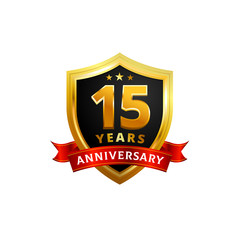 15 years anniversary golden shield badge logo with ribbon