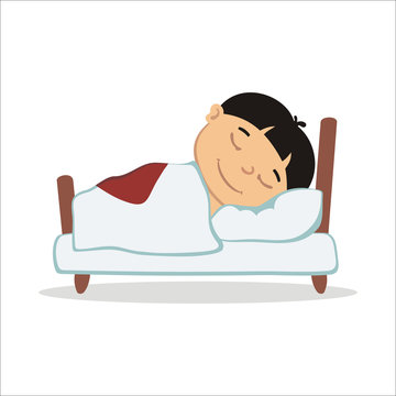 Vector illustration of little boy sleeping in bed isolated on white background.