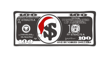 Christmas bill one hundred dollar with Santa Claus red hat in black and white colors.