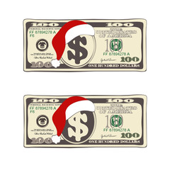 Set of Christmas bill one hundred dollars with Santa Claus hat. 