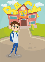 background back to school, schoolboy with backpack. vector illustration