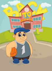 Student, athlete. Boy with a basketball ball Background back to school