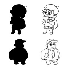 Set of silhouettes and outline boy with tablet and boy with basketball. Vector illustration