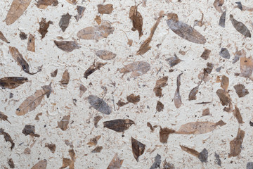 Handmade paper texture with recycled materials, tree leaves and cotton fibers. In delicate shades, brown, ocher and vanilla