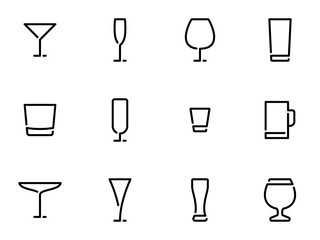 Set of black vector icons, isolated on white background, on theme Wineglass
