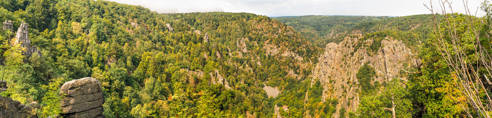 Fototapeta na wymiar Panorama in high resolution from the view over the Bodetal with the Rosstrappe near Thale, Harz, Germany.