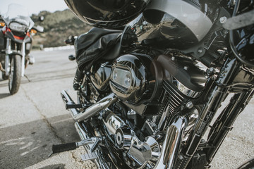 Fototapeta na wymiar Detail of classic black motorcycle engine.
