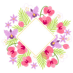 Summer greeting card with orchids, plumeria, palm leaves