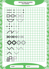 Repeat Pattern. Tracing Lines Activity, Special for preschool kids. Worksheet for practicing fine motor skills. Simple shapes. Complete the pattern. Green A4 V