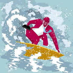 Businessman surfing. Businessman in a red suit,the background is blue.