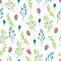 Floral seamless pattern with peony buds and leaves