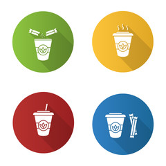 Tea drinks flat design long shadow glyph icons set