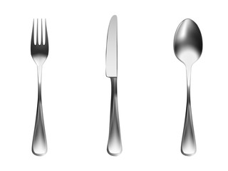 set of chrome cutlery, knife, fork, spoon on white background. Realistic style. Vector illustration.