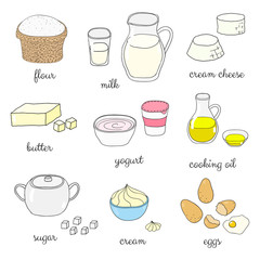 Doodle cooking ingredients set.