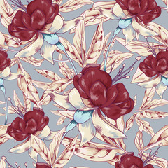 Red Fuchsia Vector Seamless Flower Botanical Pattern