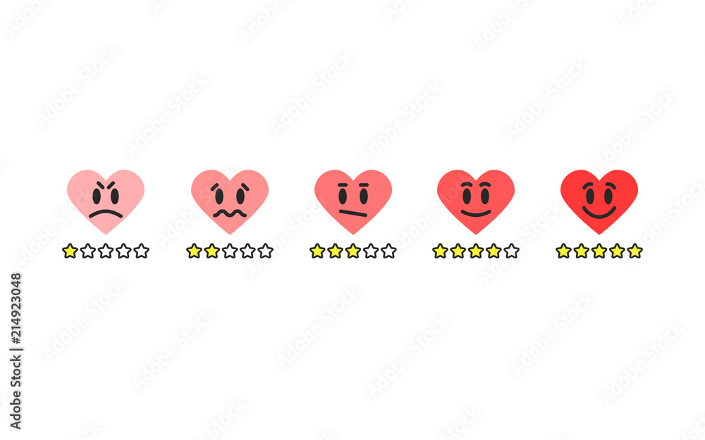 Poster rating hearts for customer satisfaction with funny different emotions. easy to use for your website 