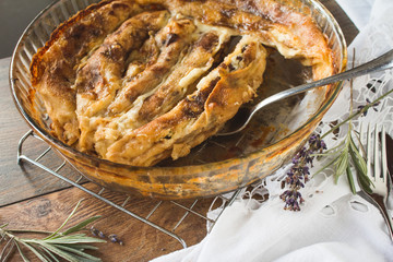 Delicious rolled, baked pancakes stuffed with sweet cheese. Salty meal.