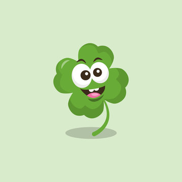 Illustration of funny cloverleaf mascot with big smile, isolated on light background. Flat design style for your mascot branding.