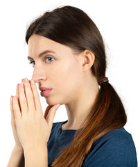 Closeup portrait of sad woman. Isolated on white.